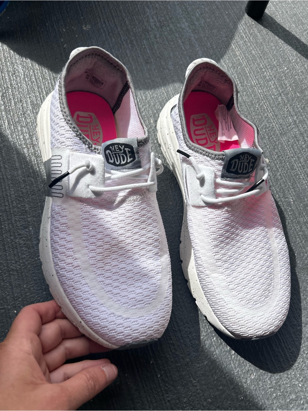 Hey Dude Women’s White Knit Slip-On Sneakers with Pink Insole